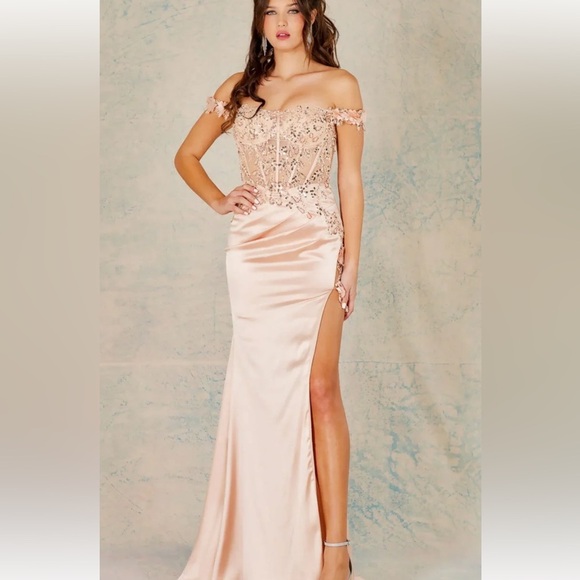 EMBROIDERED OFF SHOULDER CORSET SLIT GOWN BY ADORA 3132 in Champagne - Picture 1 of 8